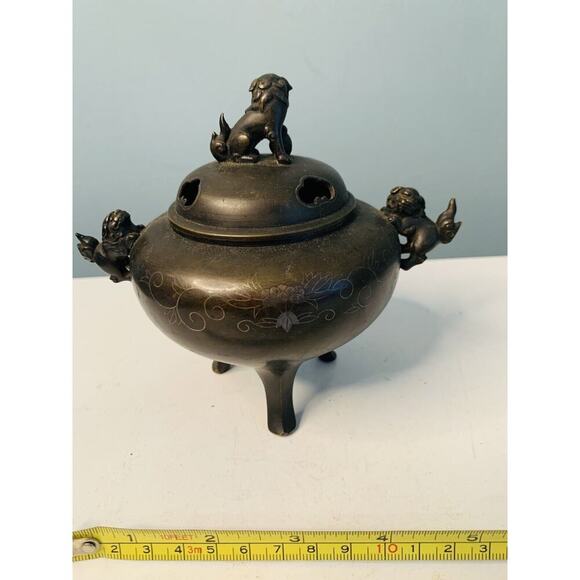 Shuraku Period Chinese Bronze Lion Inlaid Incense Burner Foo Dog Foot Feng Shui - Picture 12 of 12